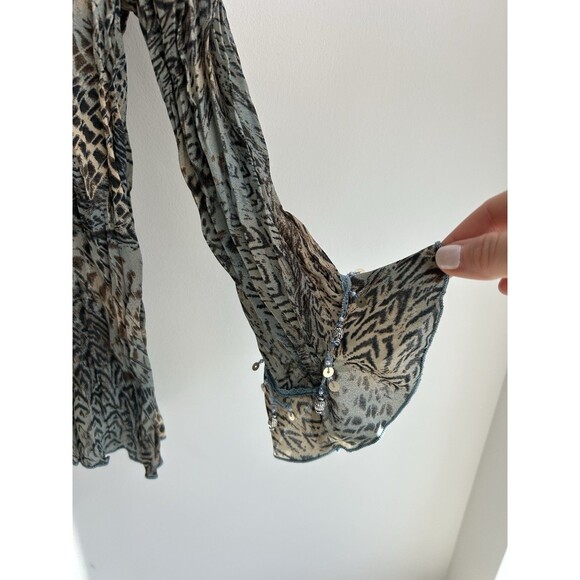 Vintage Y2K Pleated Fairy Button Up Sz M/L Bell Sleeve Cheetah Whimsy Sequins - Picture 4 of 10